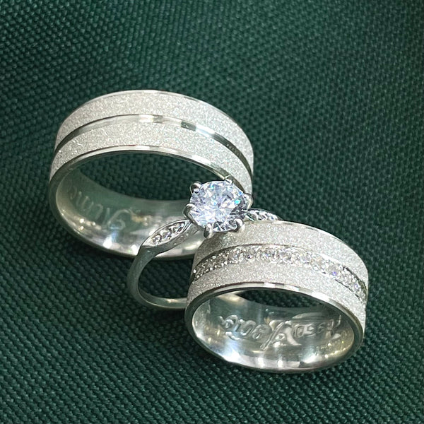 Par de Alianças 8mm de Prata 950 com Anel Solitário Cravejado - Platinum
