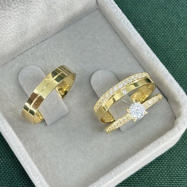 Par de Alianças 4mm Banhado a Ouro 18k com Anel Solitário Cravejado - Olinne