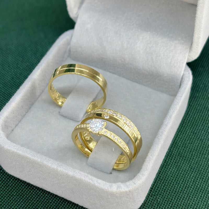 Par de Alianças 4mm Banhado a Ouro 18k com Anel Solitário Cravejado - Olinne