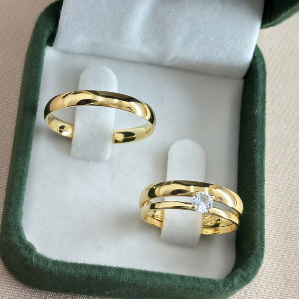 Par de Alianças 3mm Banhada a Ouro 18k com Anel Solitário - Valorya