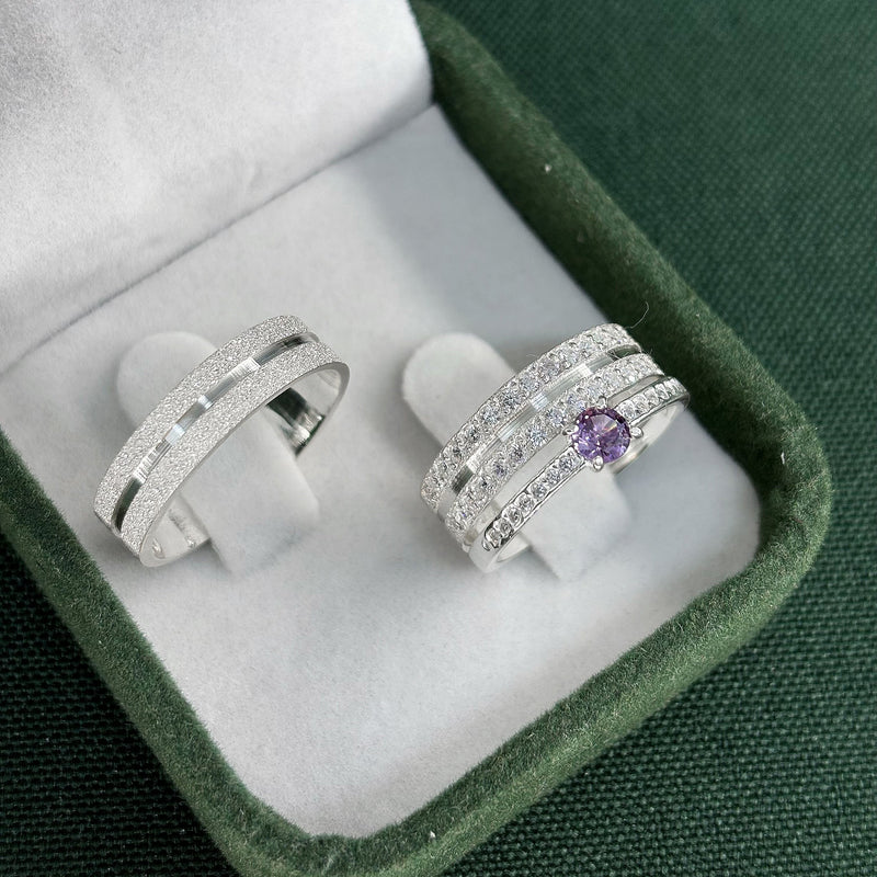 Par de Alianças 5mm de Prata 950 com Anel Solitário Cravejado - Purple