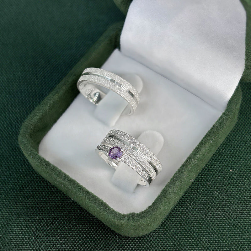 Par de Alianças 5mm de Prata 950 com Anel Solitário Cravejado - Purple