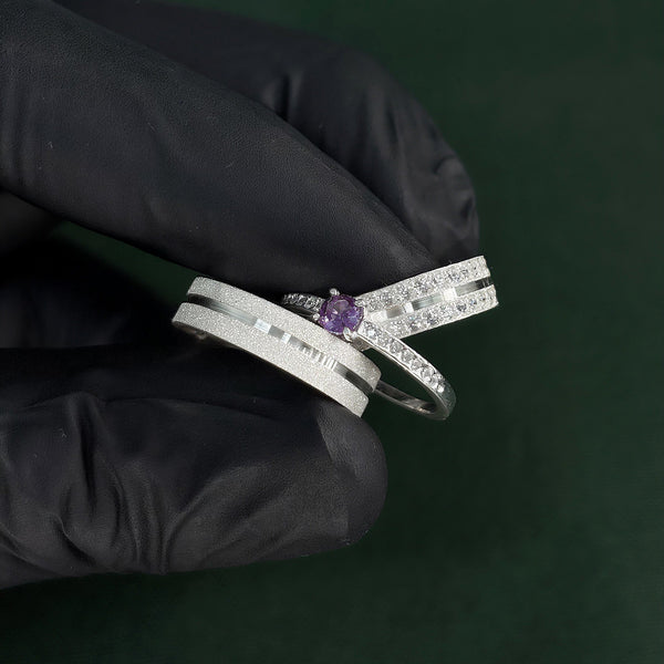 Par de Alianças 5mm de Prata 950 com Anel Solitário Cravejado - Purple