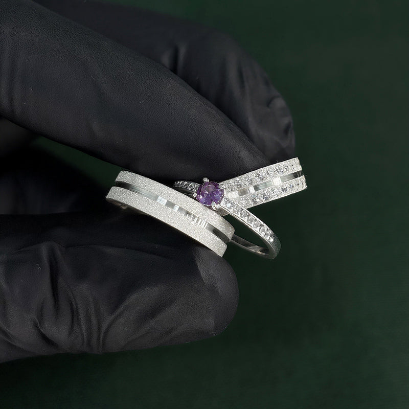 Par de Alianças 5mm de Prata 950 com Anel Solitário Cravejado - Purple