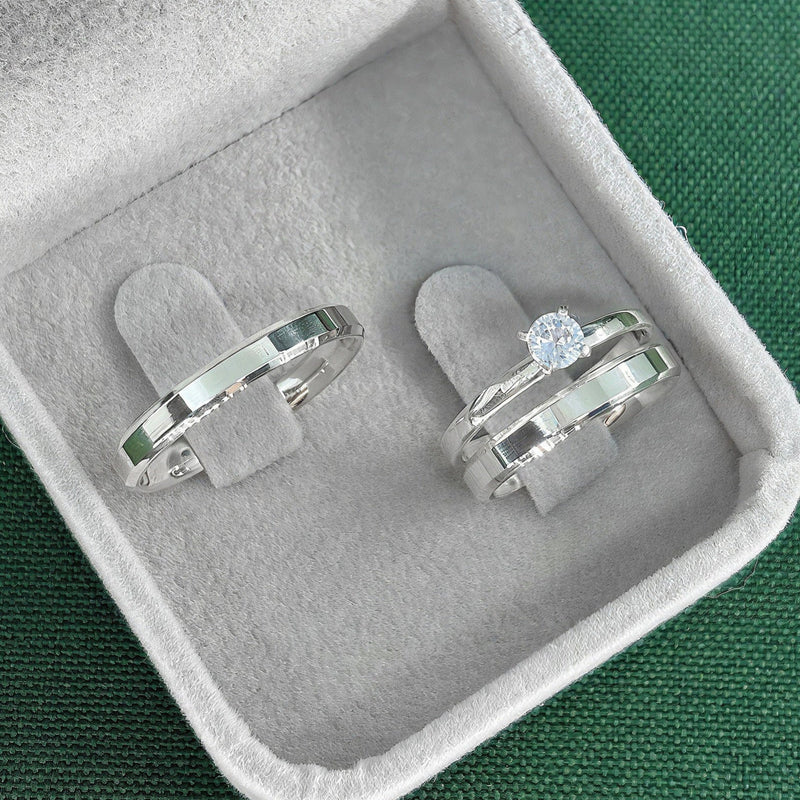 Par de Alianças 3mm em Prata 950 com Anel Solitário - Sirius
