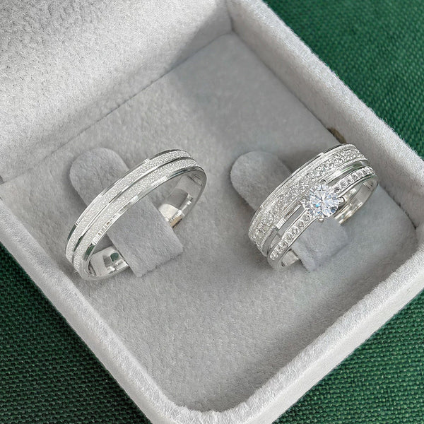 Par de Alianças 4mm em Prata 950 com Anel Solitário Cravejado - Preciosa