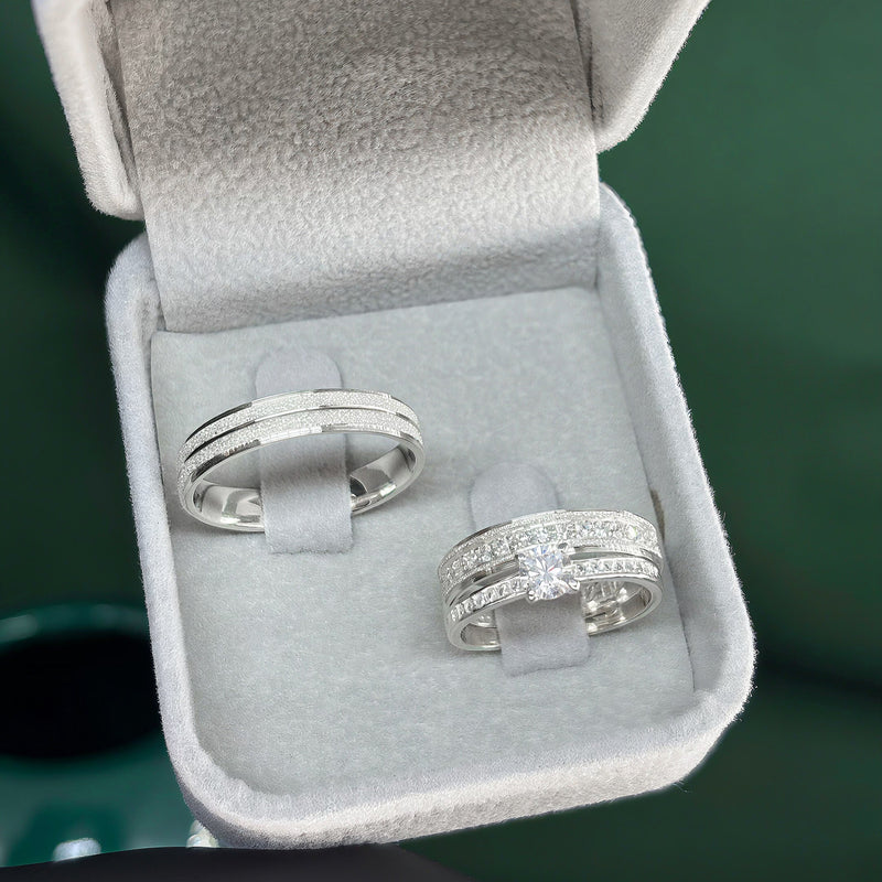 Par de Alianças 4mm em Prata 950 com Anel Solitário Cravejado - Preciosa