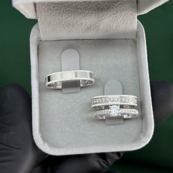 Par de Alianças 4mm de Prata 950 com Anel Solitário Cravejado - Carmesim