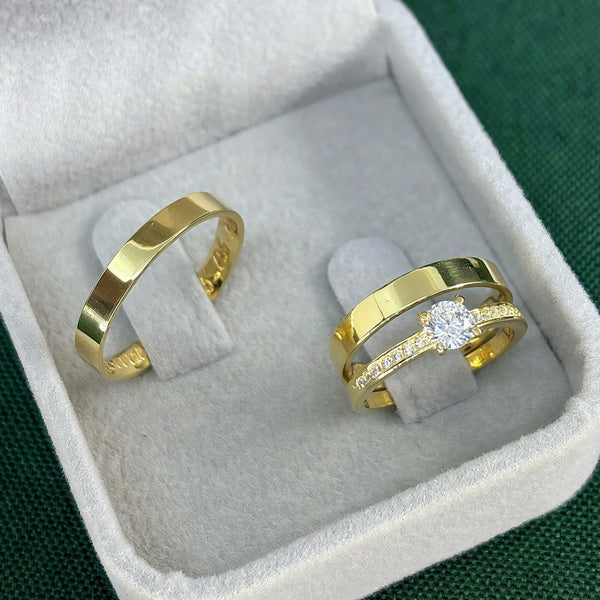 Par de Alianças 3mm Banhada a Ouro 18k com Anel Solitário Cravejado - Aryel