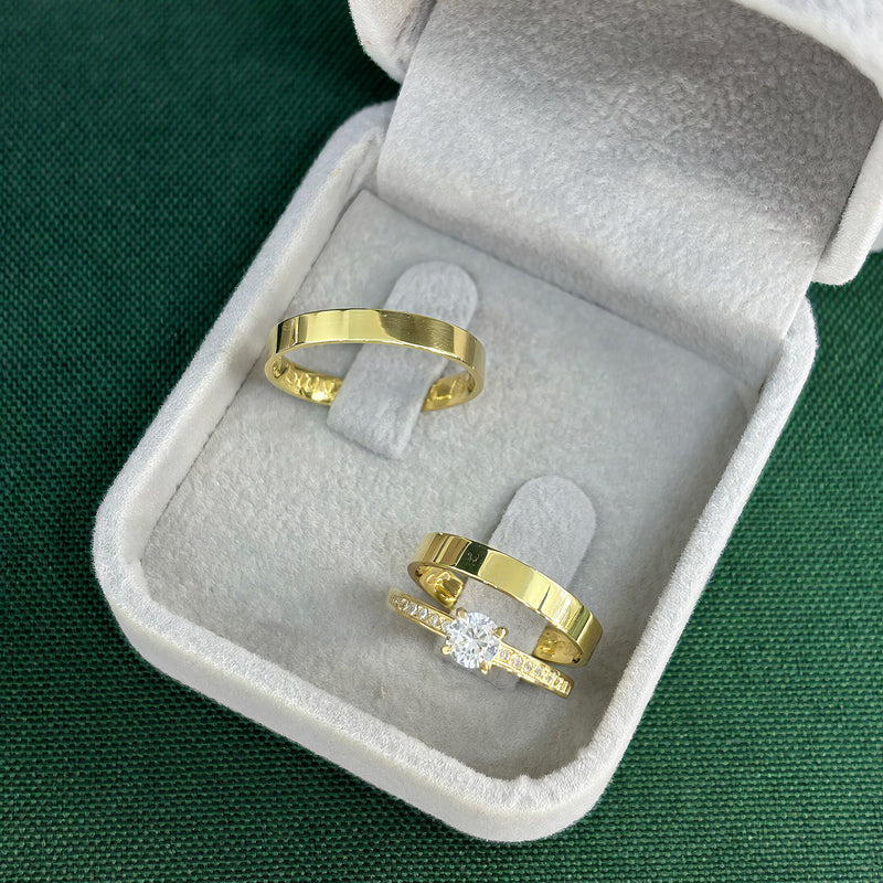 Par de Alianças 3mm Banhada a Ouro 18k com Anel Solitário Cravejado - Aryel