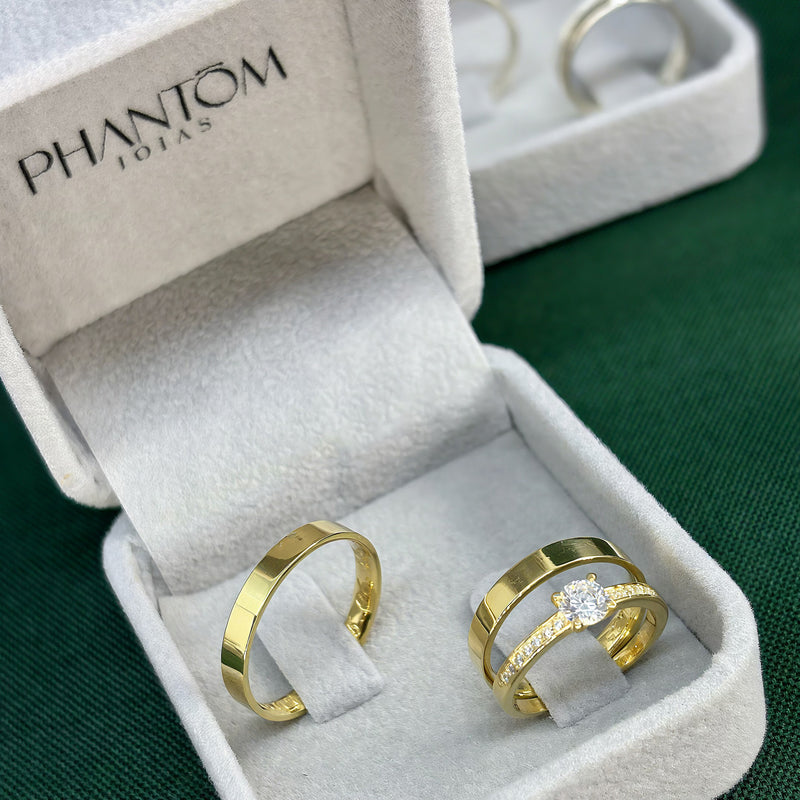 Par de Alianças 3mm Banhada a Ouro 18k com Anel Solitário Cravejado - Aryel