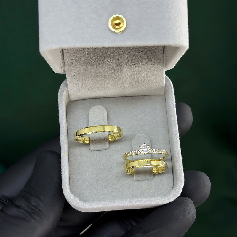 Par de Alianças 3mm Banhada a Ouro 18k com Anel Solitário Cravejado - Calyra