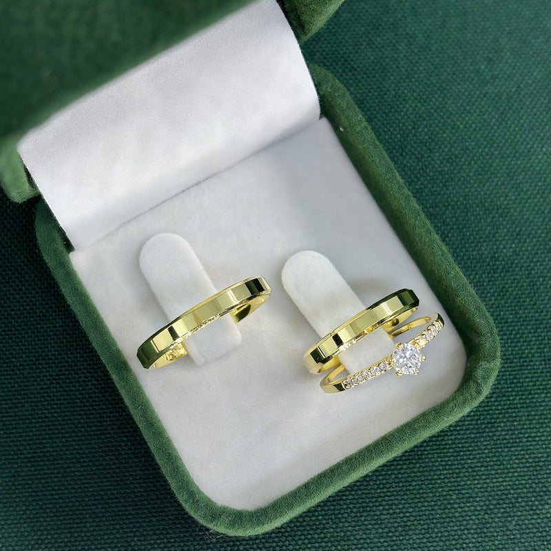 Par de Alianças 3mm Banhada a Ouro 18k com Anel Solitário Cravejado - Calyra