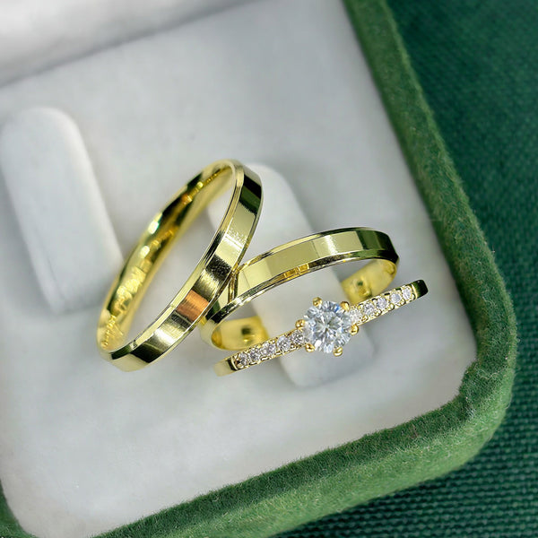 Par de Alianças 3mm Banhada a Ouro 18k com Anel Solitário Cravejado - Calyra