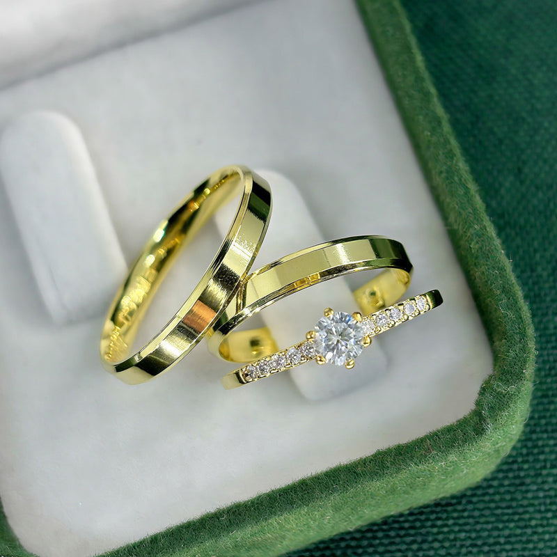 Par de Alianças 3mm Banhada a Ouro 18k com Anel Solitário Cravejado - Calyra