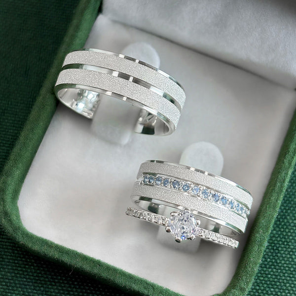 Par de Alianças 8mm em Prata 950 com Anel Solitário Cravejado - Platinum II