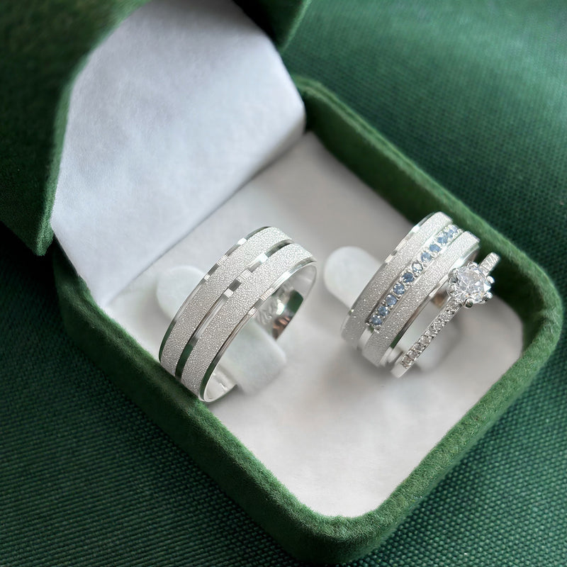 Par de Alianças 8mm em Prata 950 com Anel Solitário Cravejado - Platinum II