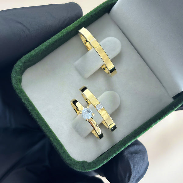 Par de Alianças 2,5mm Banhado a Ouro 18k com Anel Solitário - Lyric