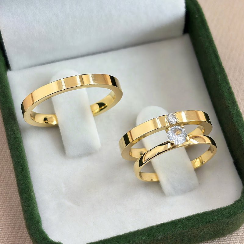 Par de Alianças 2,5mm Banhado a Ouro 18k com Anel Solitário - Lyric