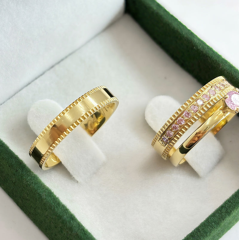 Par de Alianças 4mm Banhada a Ouro 18k com Anel Solitário - Boston