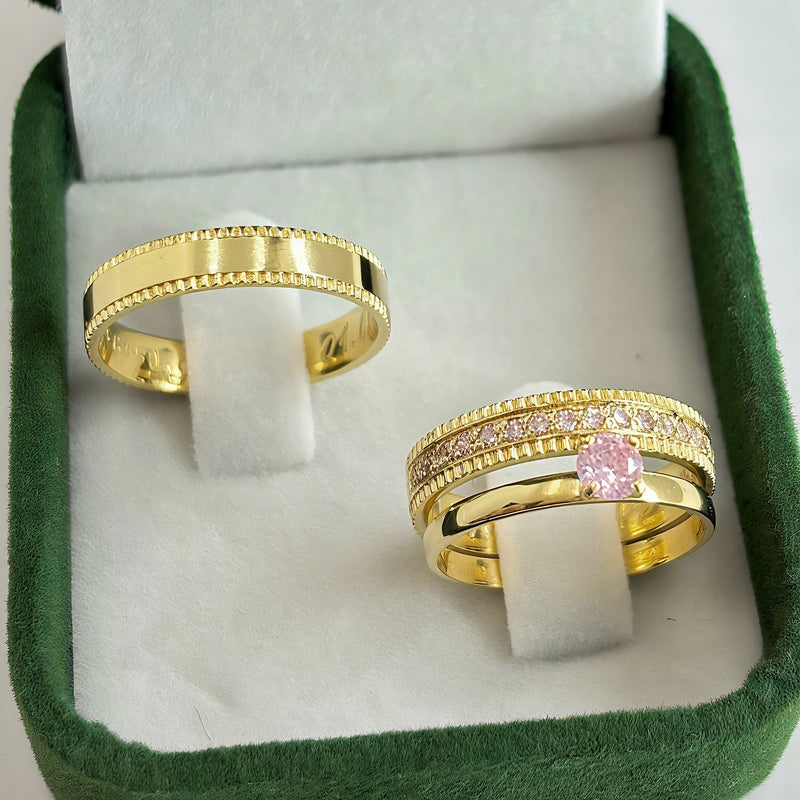 Par de Alianças 4mm Banhada a Ouro 18k com Anel Solitário - Boston