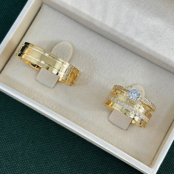 Par de Alianças 6mm Banhado a Ouro 18k com Anel Solitário Cravejado - Arkan