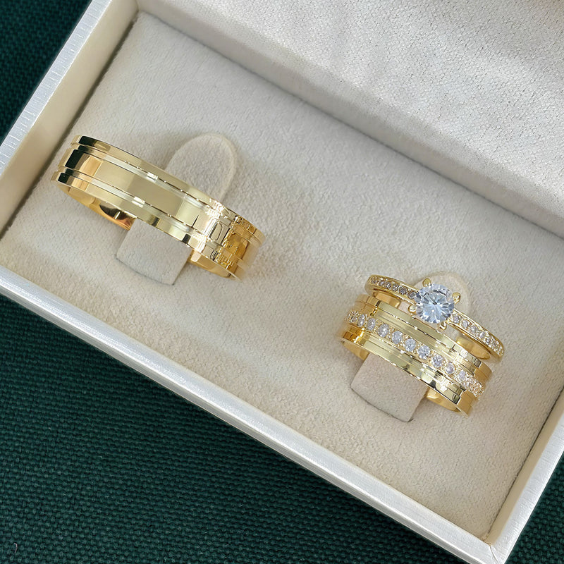 Par de Alianças 6mm Banhado a Ouro 18k com Anel Solitário Cravejado - Arkan