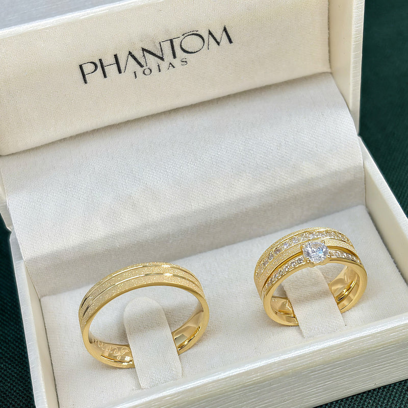 Par de Alianças 5mm Banhada a Ouro 18k com Anel Solitário Cravejado - Miraze