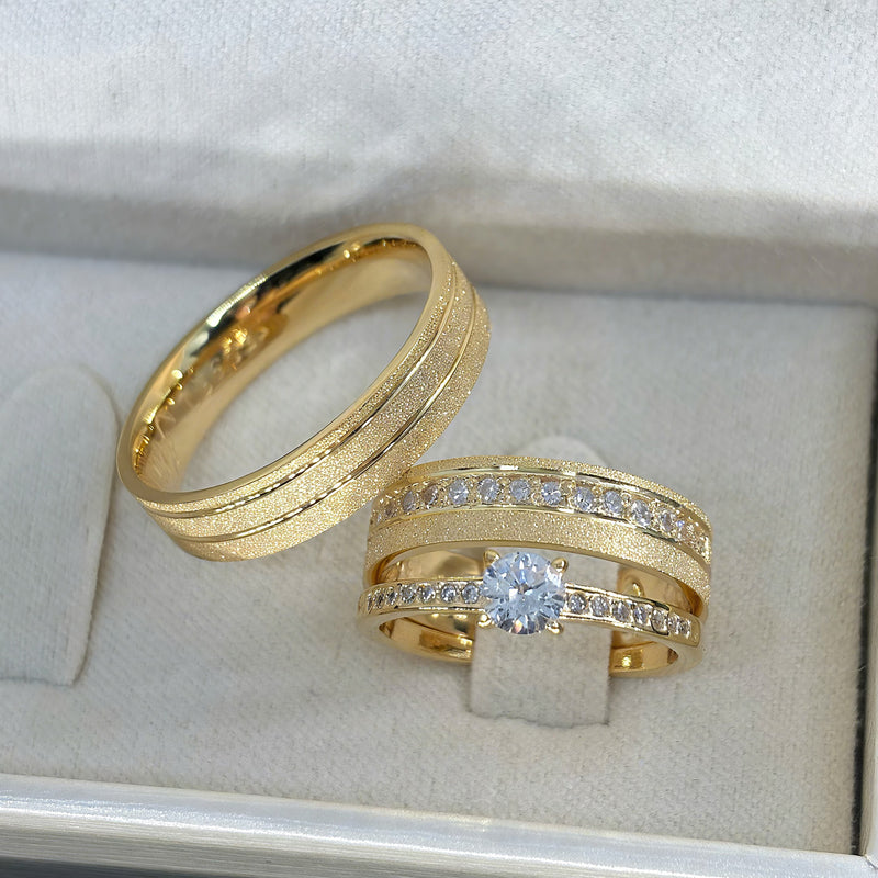 Par de Alianças 5mm Banhada a Ouro 18k com Anel Solitário Cravejado - Miraze