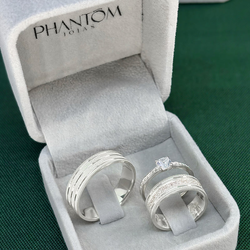 Par de Alianças 6mm em Prata 950 com Anel Solitário - Empírea