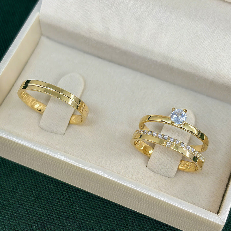 Par de Alianças 3mm Banhado a Ouro 18k com Anel Solitário - Olinne