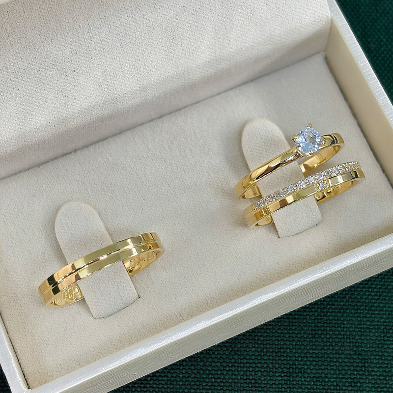 Par de Alianças 3mm Banhado a Ouro 18k com Anel Solitário - Olinne