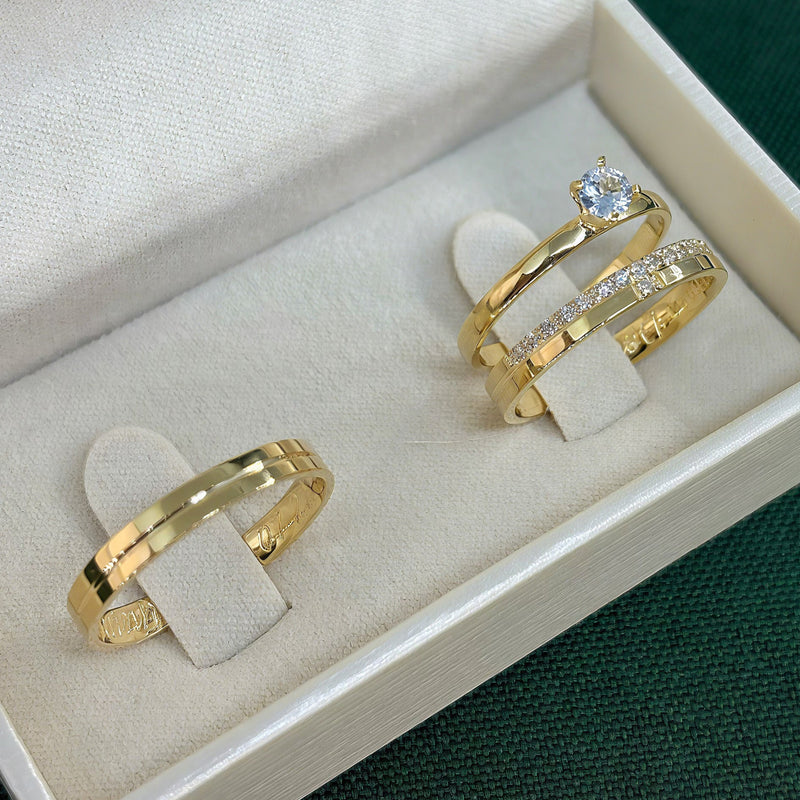 Par de Alianças 3mm Banhado a Ouro 18k com Anel Solitário - Olinne