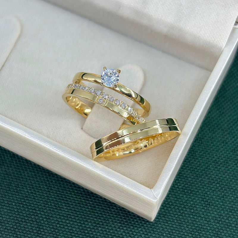 Par de Alianças 3mm Banhado a Ouro 18k com Anel Solitário - Olinne