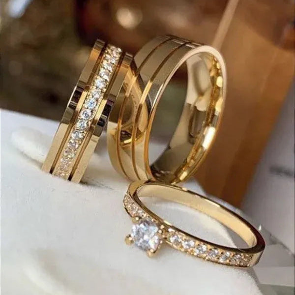Par de Alianças 6mm Banhado a Ouro 18k com Anel Solitário Cravejado - Arkan