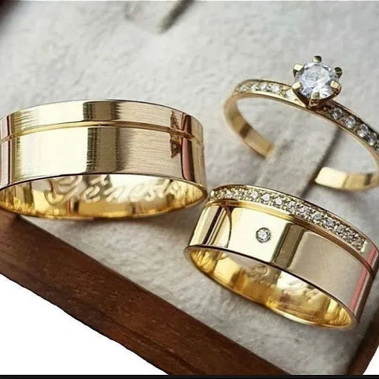 Par de Alianças 8mm Banhada a Ouro 18k com Anel Solitário - Camira