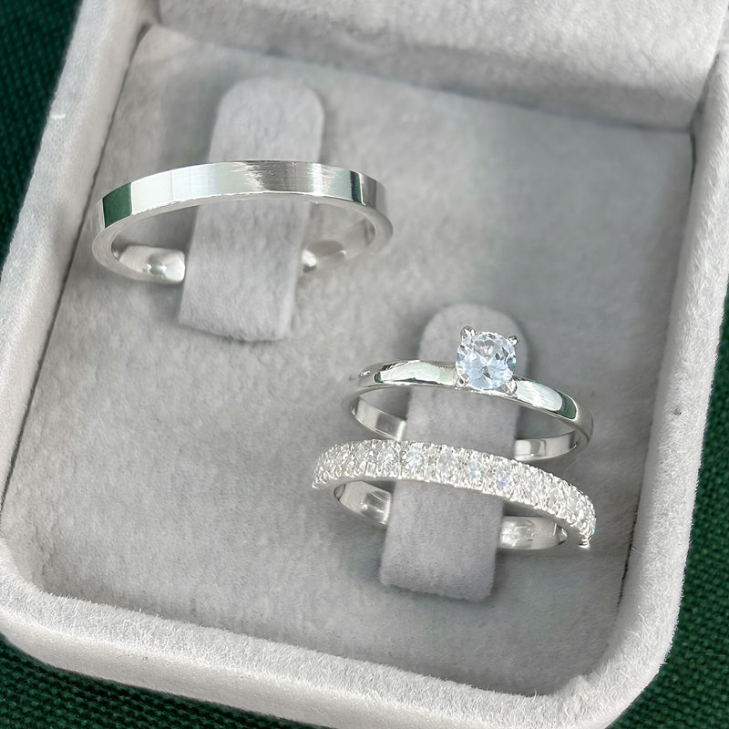 Par de Alianças 2,5mm em Prata 950 com Anel Solitário - Europa