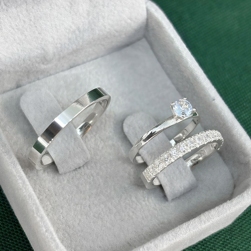 Par de Alianças 2,5mm em Prata 950 com Anel Solitário - Europa