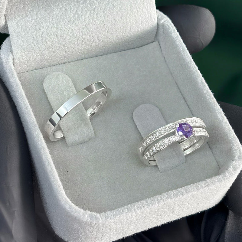 Par de Alianças 2,5mm de Prata 950 com Anel Solitário Cravejado - Viora