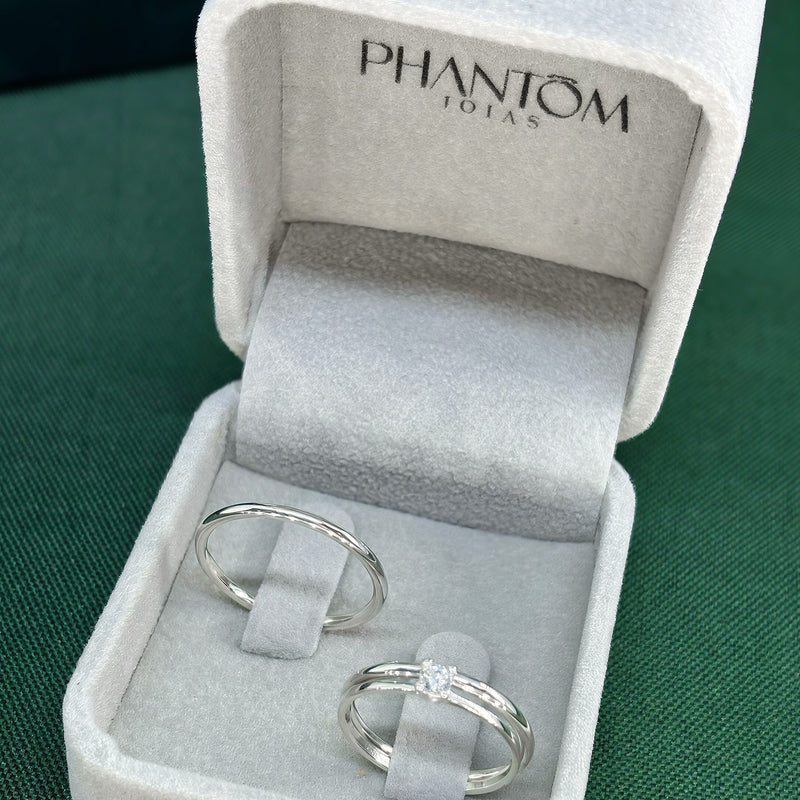 Par de Alianças 1,5mm em Prata 950 com Anel Solitário - Athena