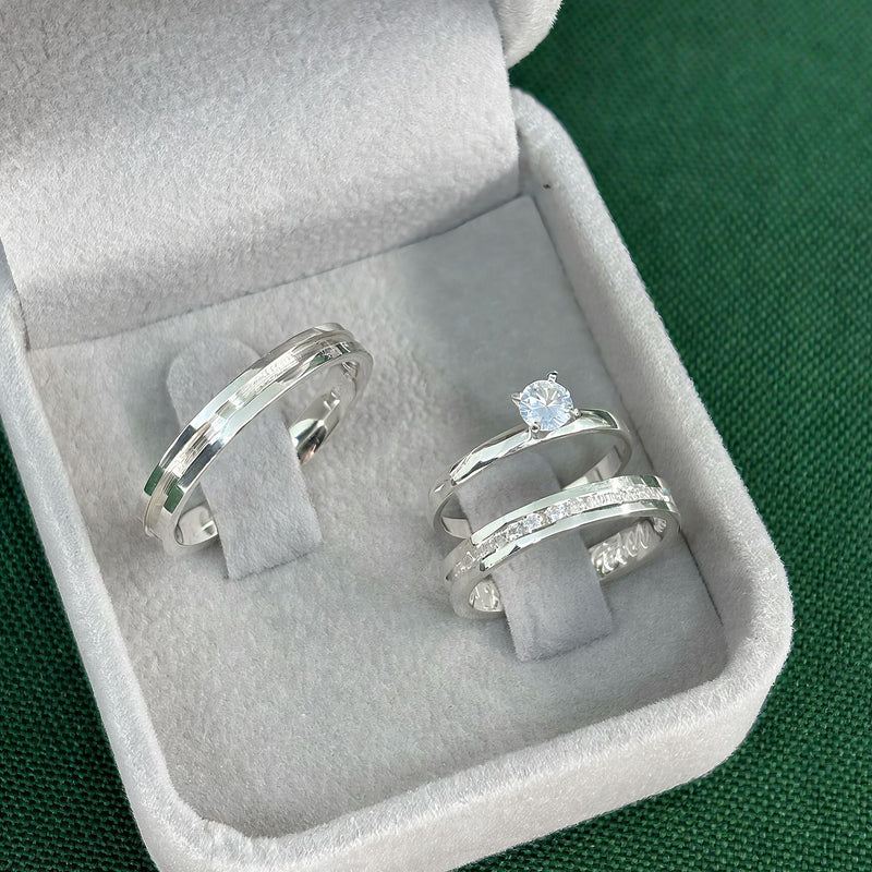 Par de Alianças 3mm de Prata 950 com Anel Solitário - Romantic