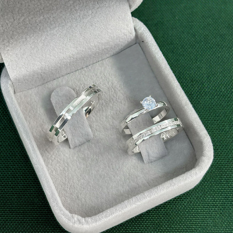 Par de Alianças 3mm de Prata 950 com Anel Solitário - Romantic