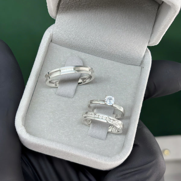 Par de Alianças 3mm de Prata 950 com Anel Solitário - Romantic