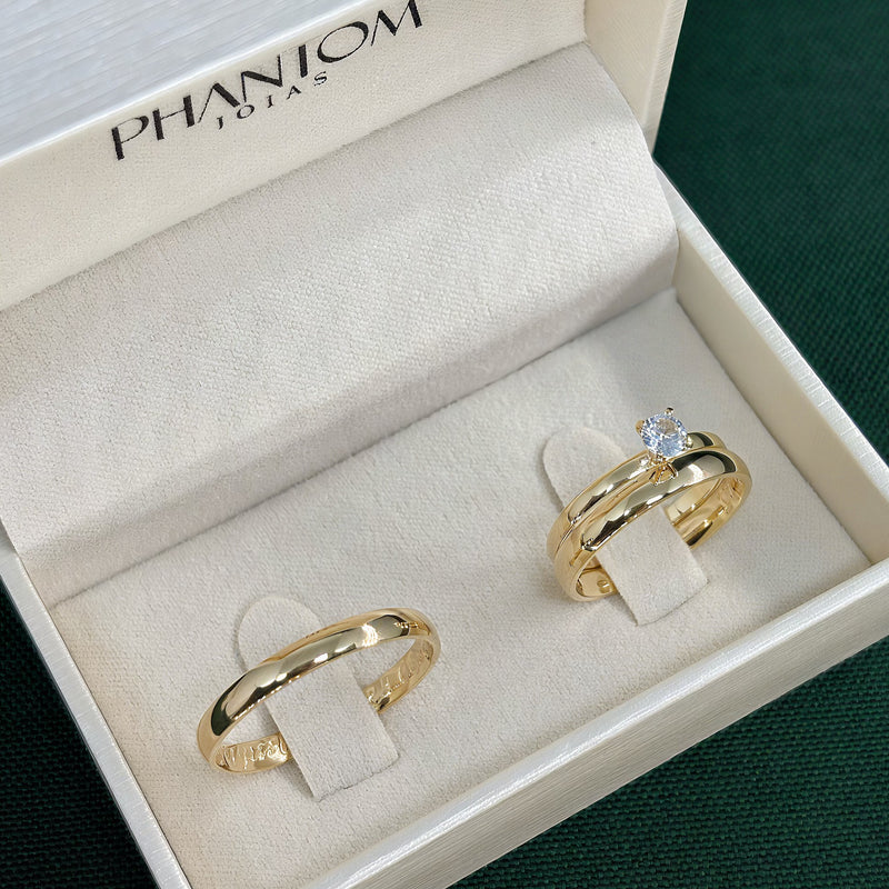 Par de Alianças 3mm Banhada a Ouro 18k com Anel Solitário - Valorya