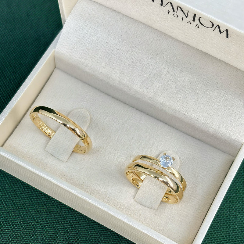 Par de Alianças 3mm Banhada a Ouro 18k com Anel Solitário - Valorya
