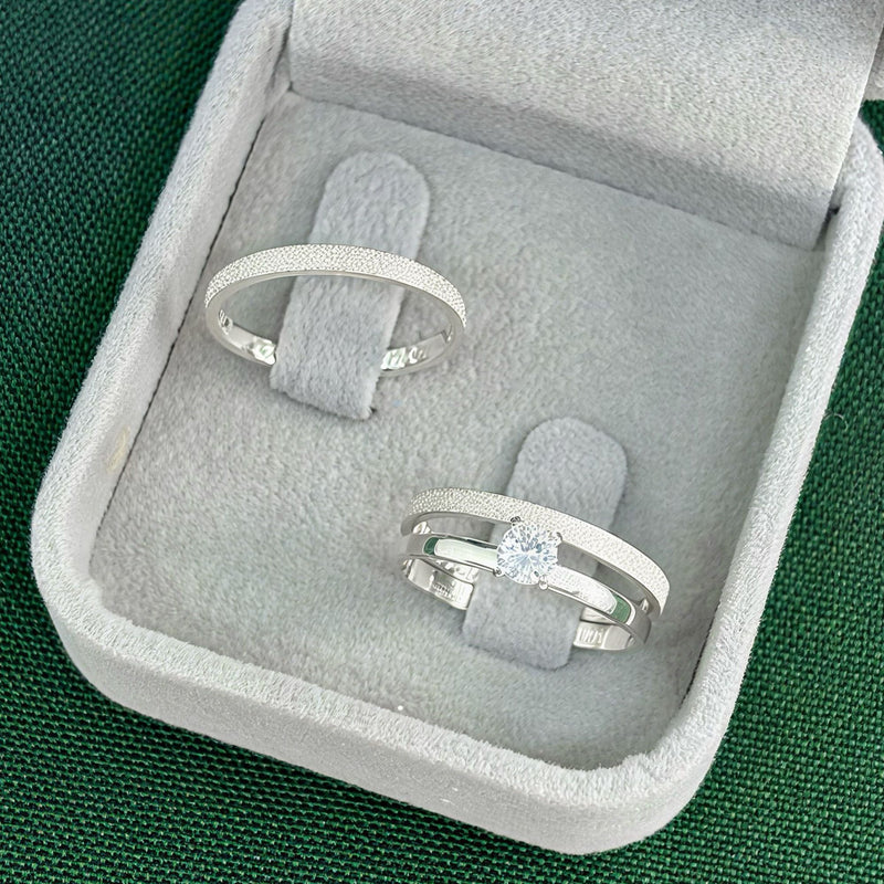 Par de Alianças 2mm em Prata 950 com Anel Solitário - Caprice