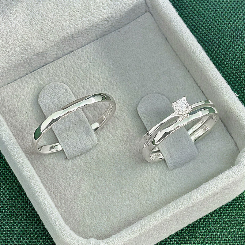 Par de Alianças 2mm em Prata 950 com Anel Solitário - Classic