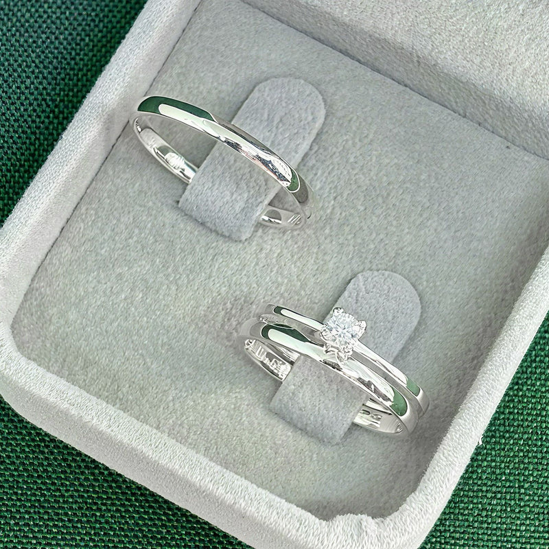 Par de Alianças 2mm em Prata 950 com Anel Solitário - Classic