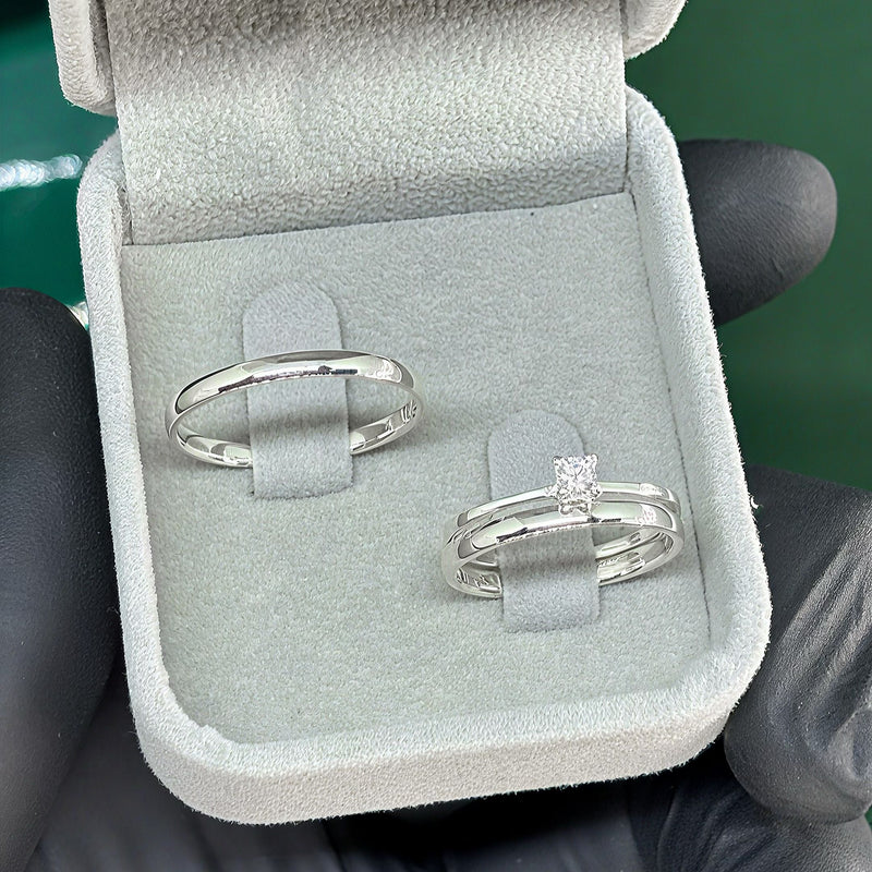 Par de Alianças 2mm em Prata 950 com Anel Solitário - Classic