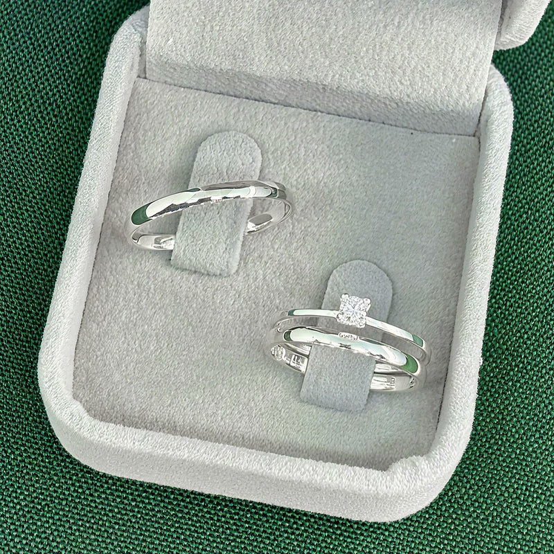 Par de Alianças 2mm em Prata 950 com Anel Solitário - Classic